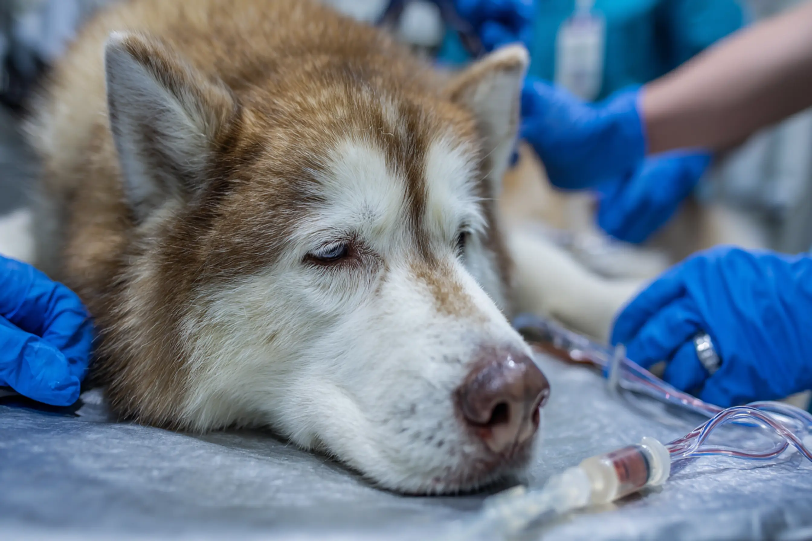 Un husky donneur de sang est allangé sur la table clinique