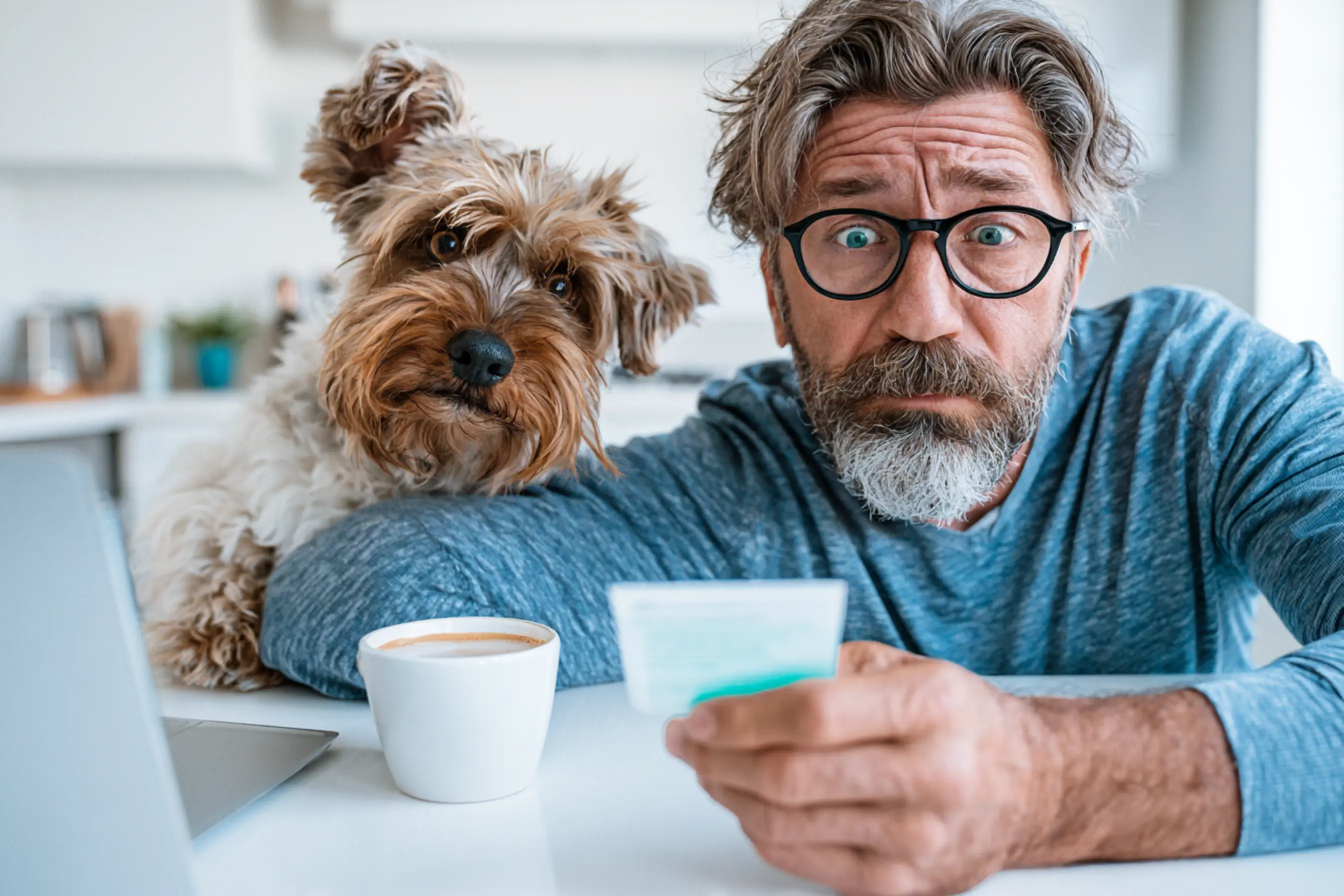 un homme consulte ses comptes et à l'air étonne tandis que son chien l'accompagne