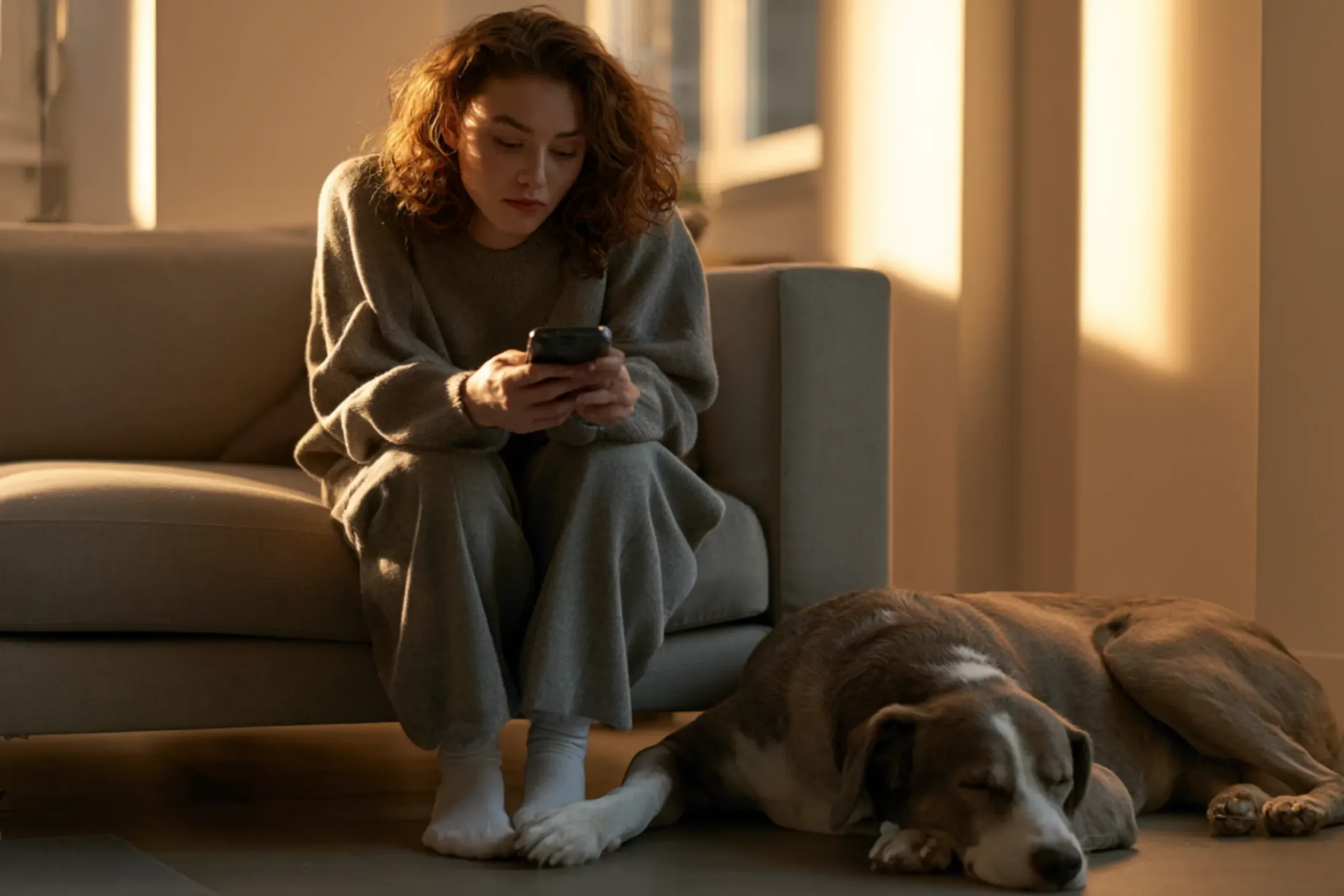 Une jeune fille regarde son téléphone quand son chien se repose à ses pied