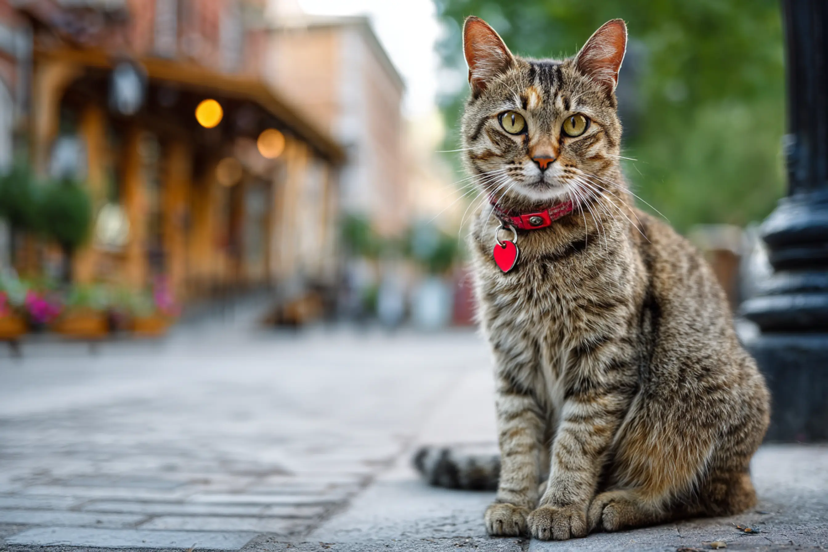 Un chat de guttière assis dans la rue semble perdu, mais il a au cou un collier avec une médaille