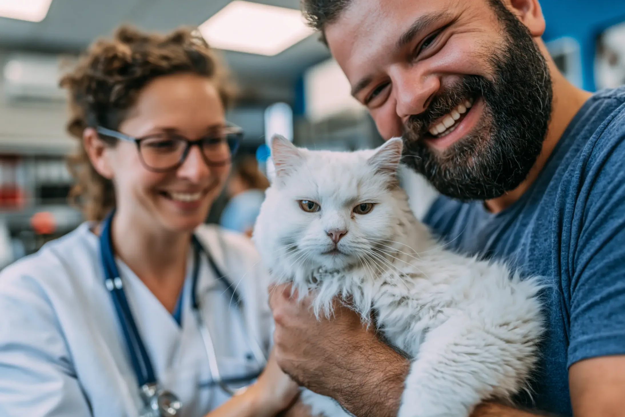 Un propriètaire d'un chat blanc souris à côté d'un vétérinaire