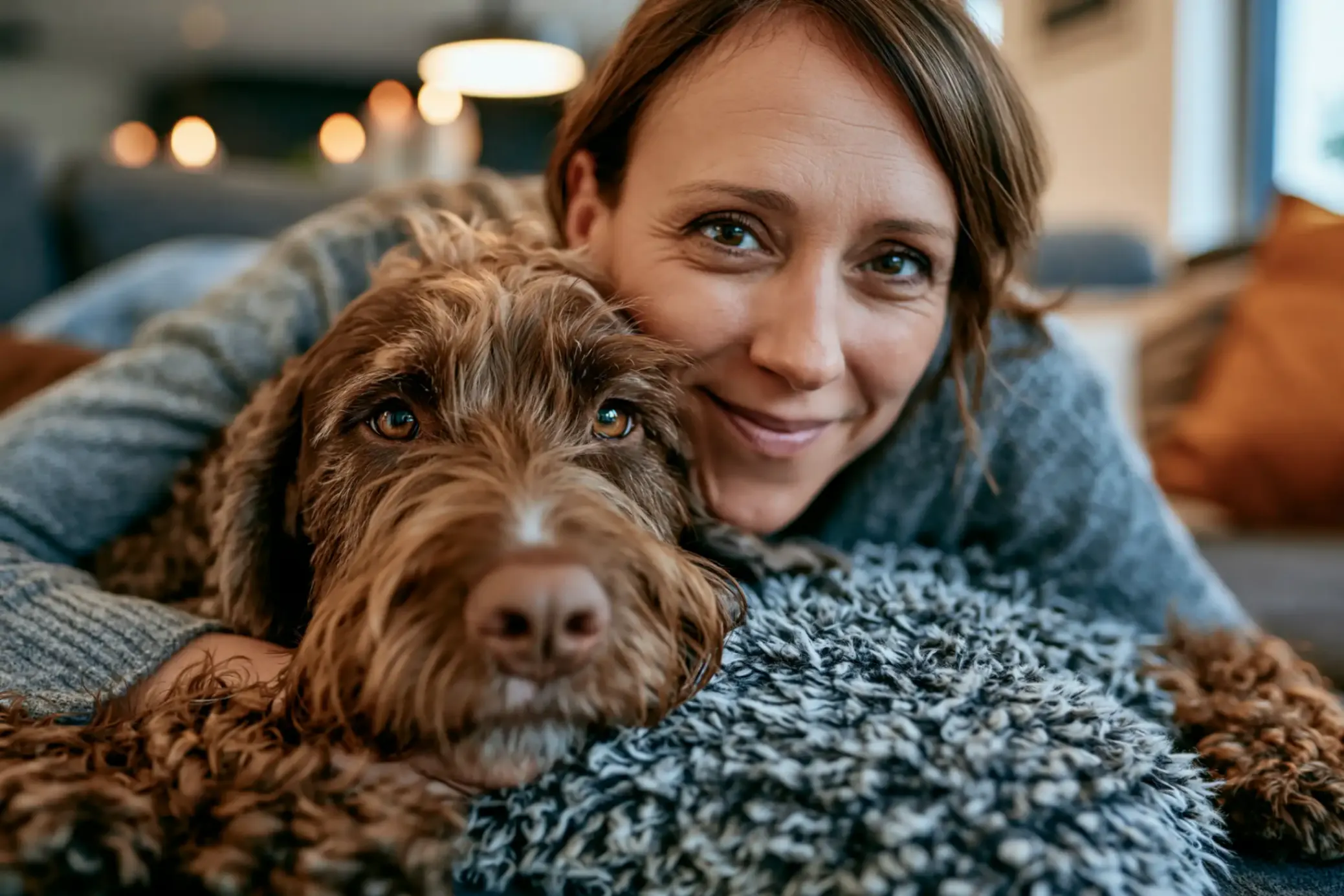 Un vieux chien avec sa maitresse allongé sur le canapé