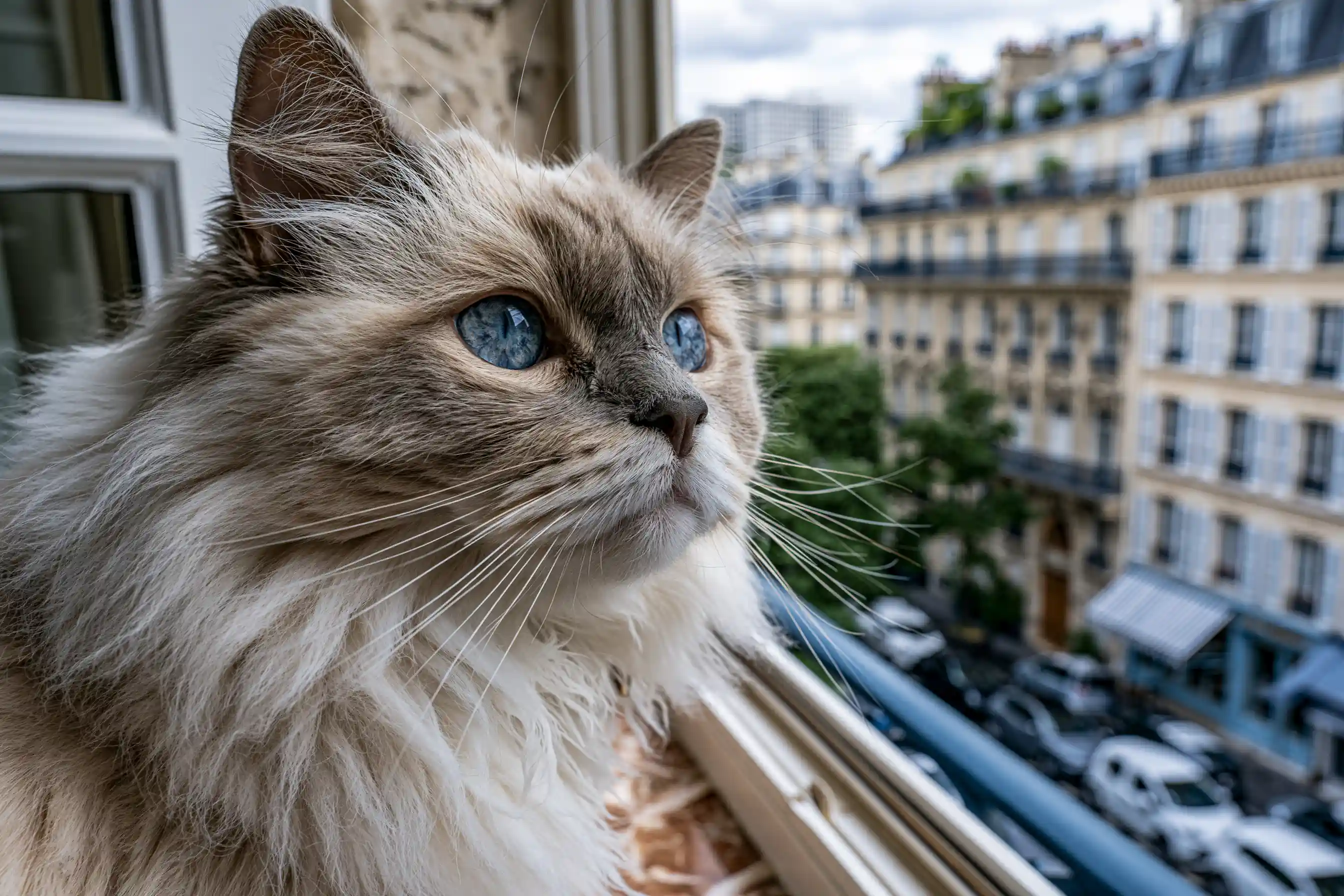 Un beau chat pesan regarde par la fênetre ouverte d'un appartement