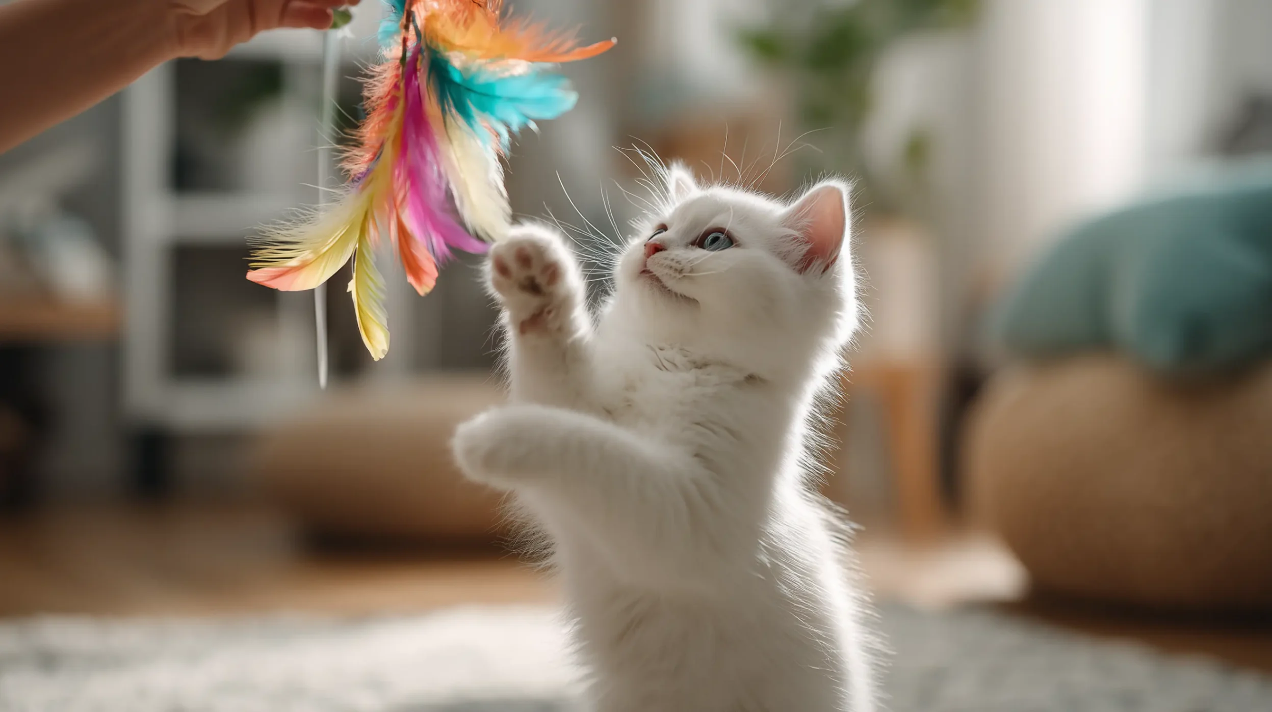 Un chaton blanc joue avec un plume multicolorée