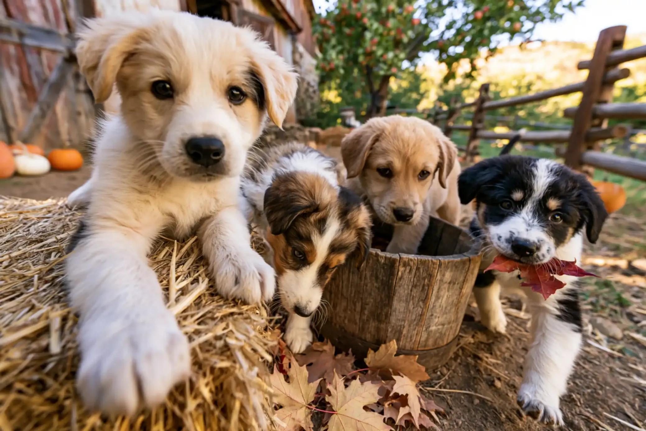 des petits chiot jouent avec un seau à la campagne