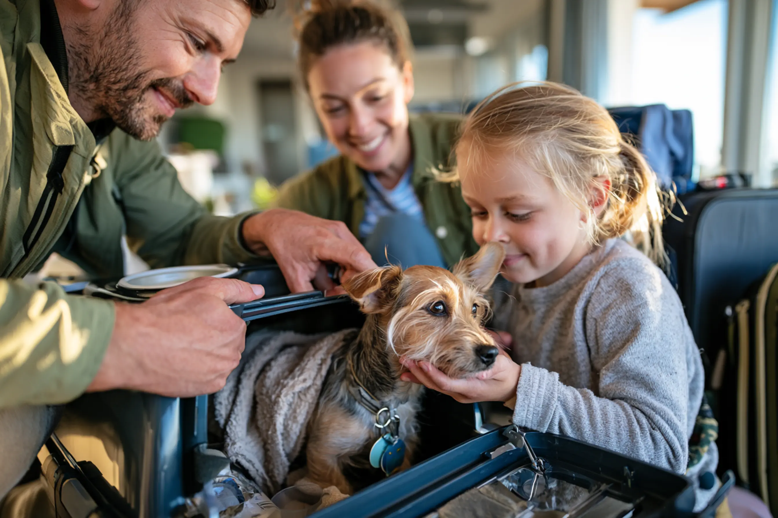 Un efamille avec un petite fille découvre son chien d'adoption