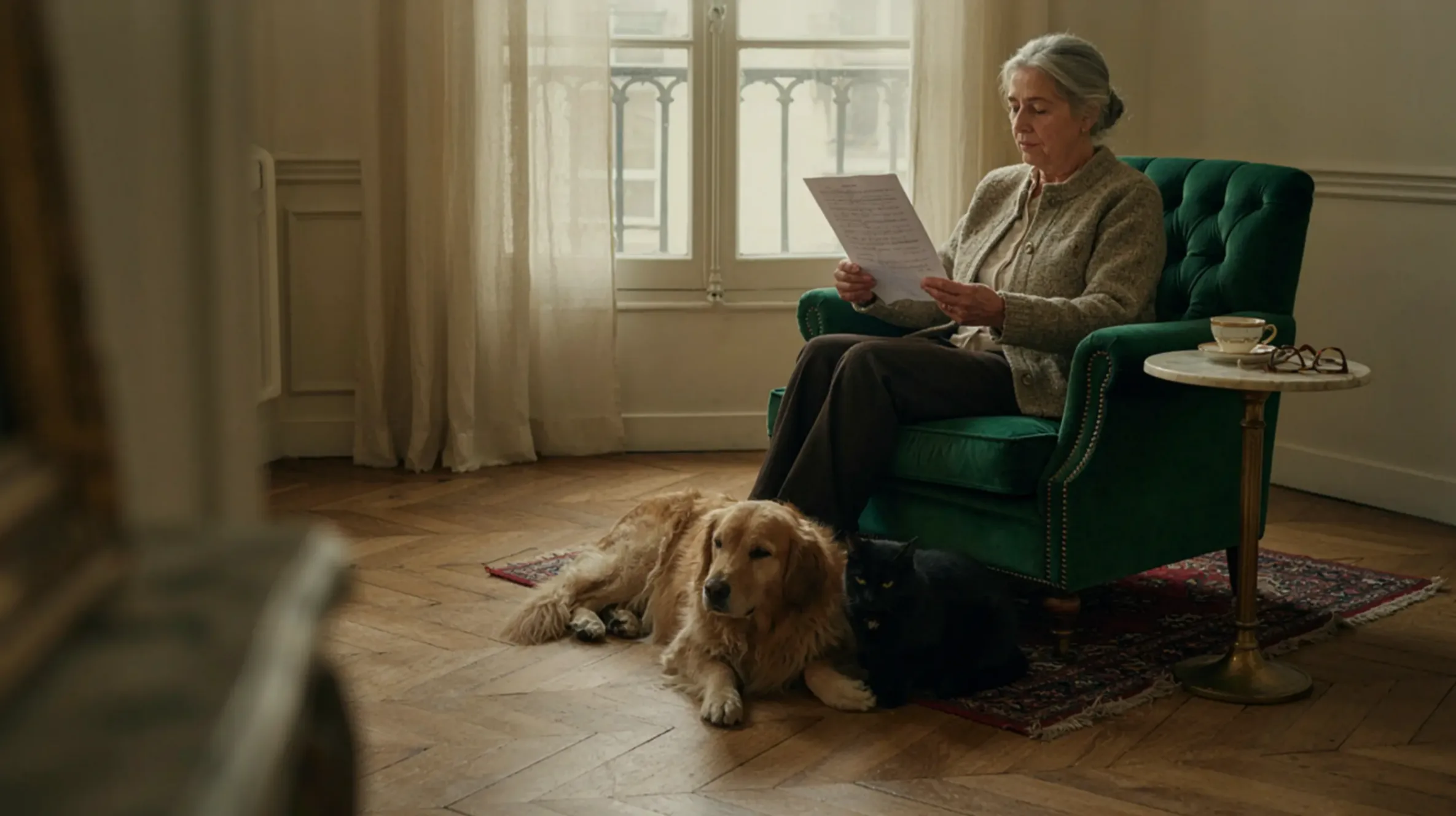 une dame qui lit un contrat d'assurance animale chez elle