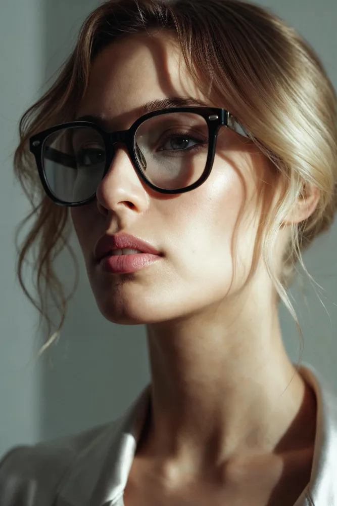 Close-up of a woman with light hair wearing black glasses, lit with soft shadow on her face.