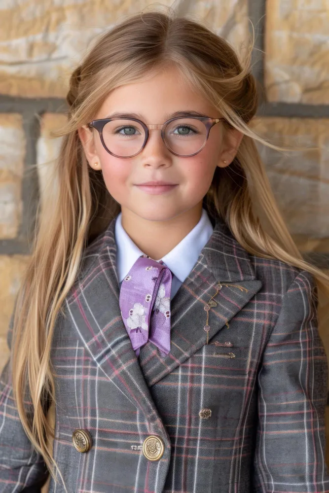 Young girl with long blonde hair and glasses wearing a plaid blazer and purple tie with owl print.