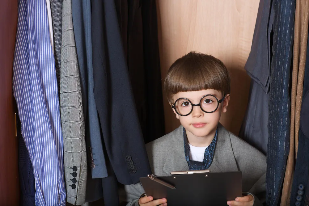 Young boy with round glasses wearing an oversized suit jacket, holding a clipboard inside a closet.