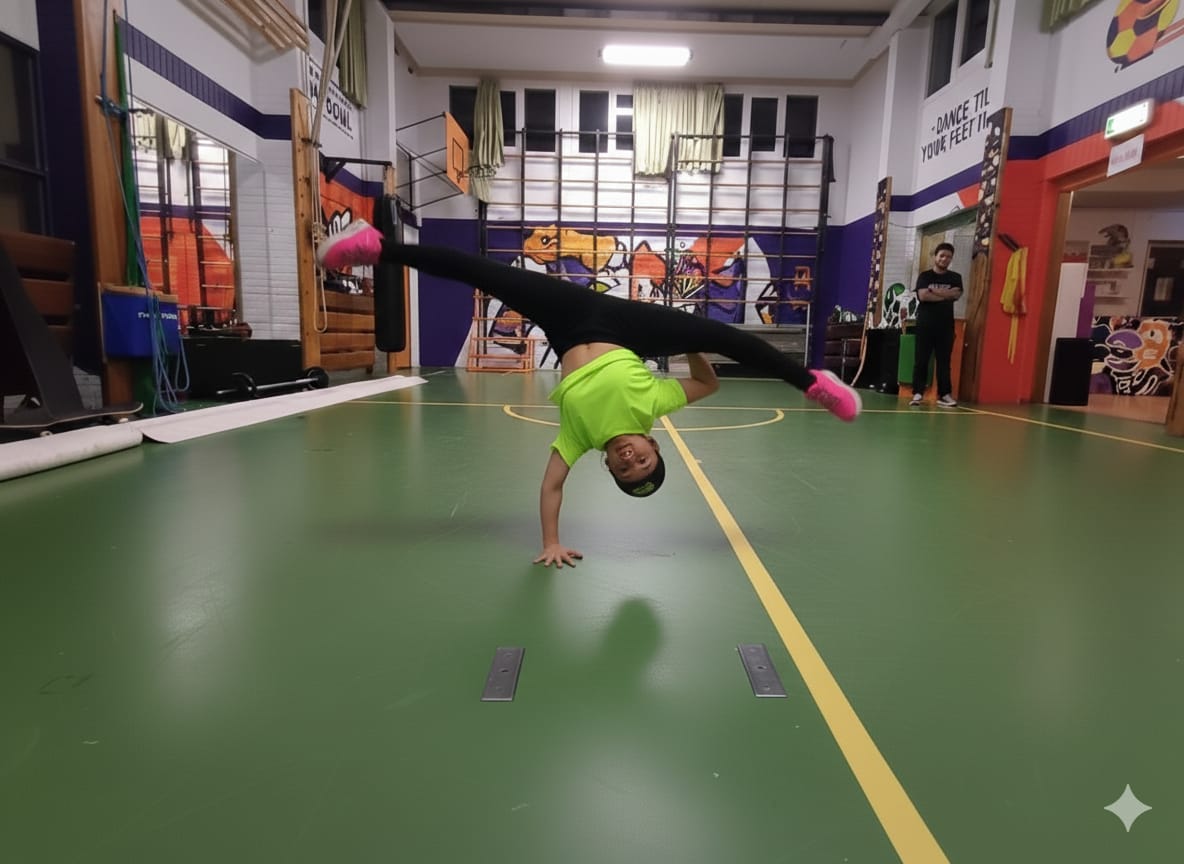 Foto van een Bgirl die op 1 hand staan in de zaal van Dynamic Arts in Laren