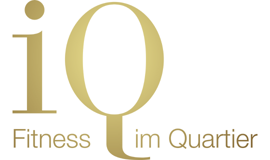 IQ Fitness Logo mit stilisierten Initialen IQ in Goldfarben.