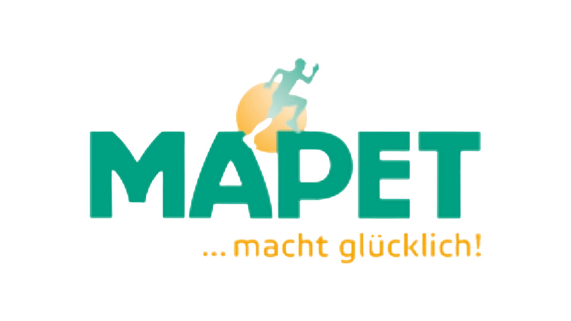 Logo von MAPET mit einer laufenden Figur vor einer orangefarbenen Sonne und dem Text ‚... macht glücklich!‘ darunter.