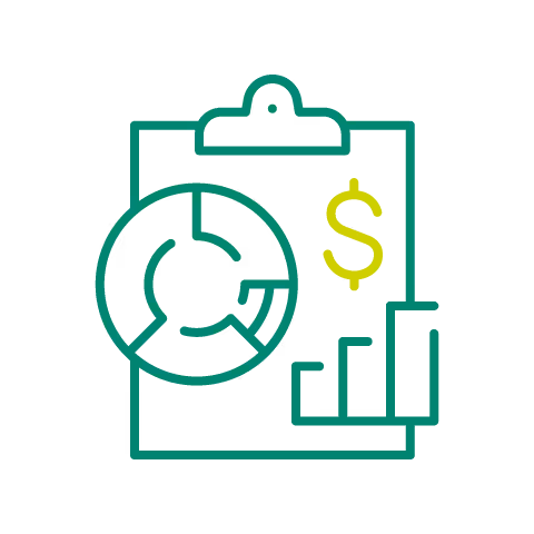 An icon with a clipboard, pie chart, bar chart and a dollar sign.