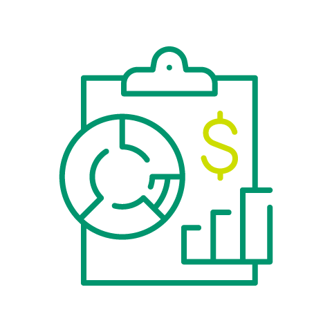 An icon with a clipboard, a pie chart, a bar chart and a small dollar sign.