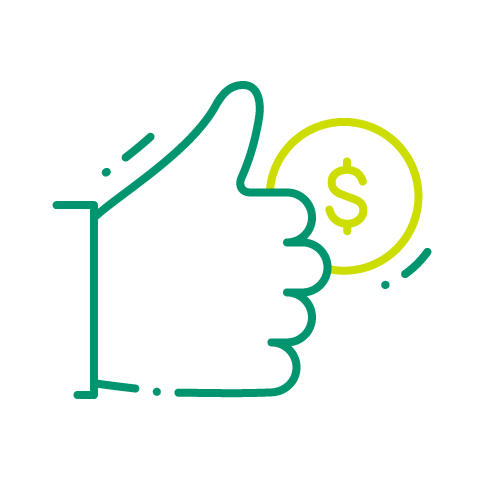 Thumbs up with a coin with a dollar sign.