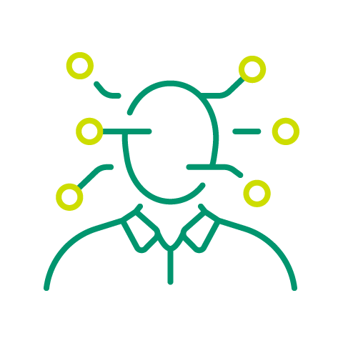 Outline of head and shoulders with lines and circles.