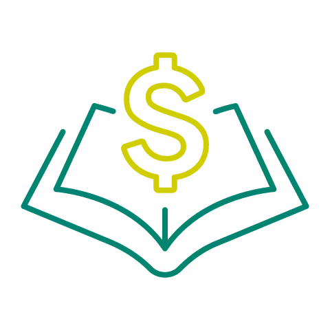Open book with dollar sign.