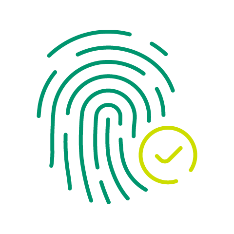 Teal fingerprint icon with checkmark.