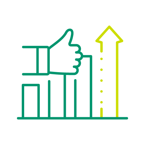 Bar graph with upward arrow and a thumbs up.