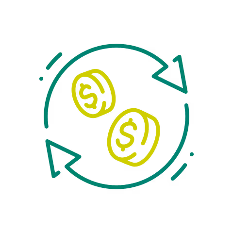 An icon with two coins with dollar signs and two circling arrows around the coins.