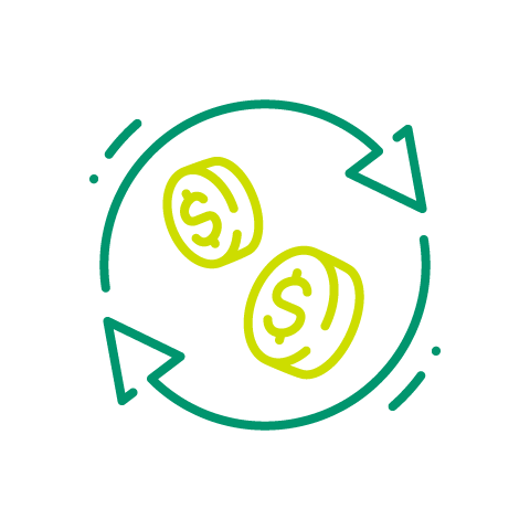 An icon with two coins with dollar signs and two circling arrows around the coins.