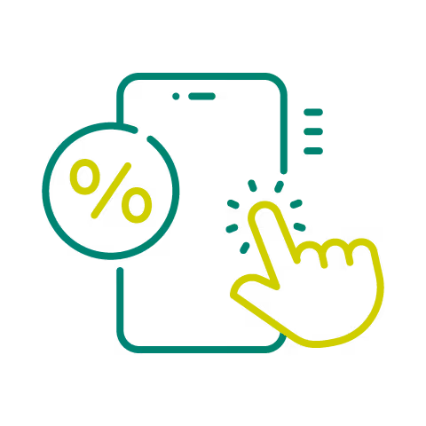 An icon with a tablet and a percentage sign with a finger tapping the tablet screen.