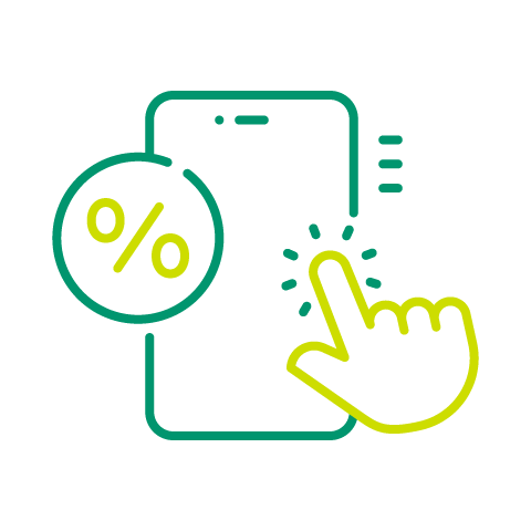 An icon with a tablet and a percentage sign with a finger tapping the tablet screen.