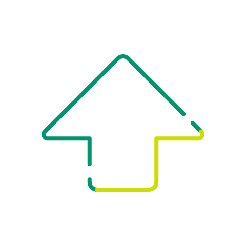 Upward arrow outline with teal and gold.