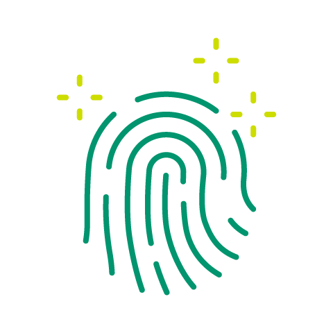 Fingerprint icon in teal with gold stars.