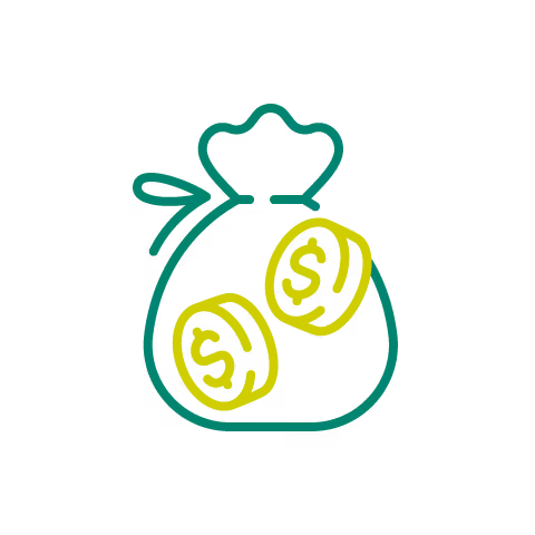 Money bag with two coins inside.