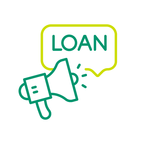 An icon with a megaphone and a quote box with the word loan.