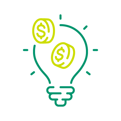 Lightbulb with two coins with dollar signs.