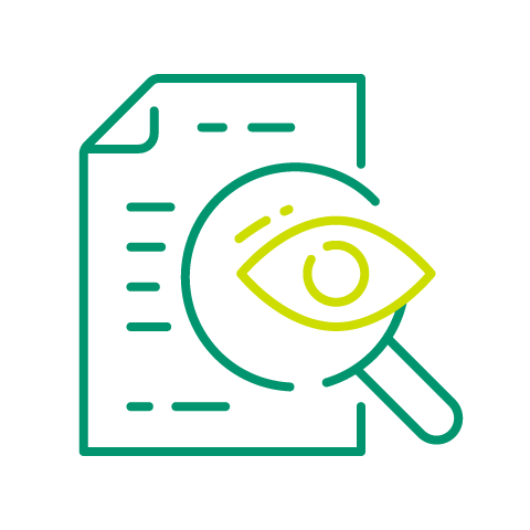 An icon with a piece of paper, a magnifying glass, and an eye to represent search.