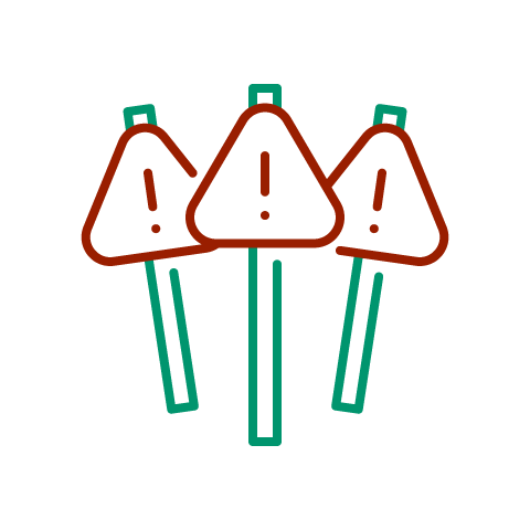 Three signs with posts and exclamation points.