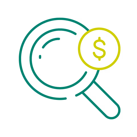 Magnifying glass icon with dollar sign.