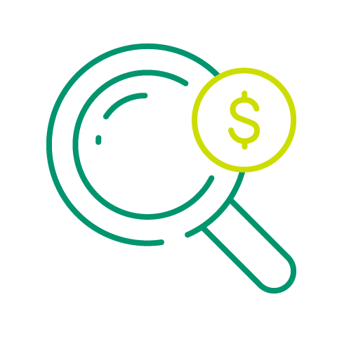 Magnifying glass icon with dollar sign.