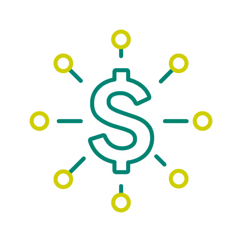 Dollar sign with lines and circles around it.