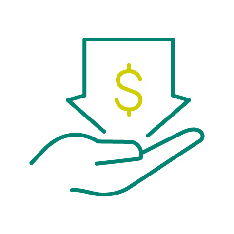 Hand holding a downward arrow with a dollar sign.