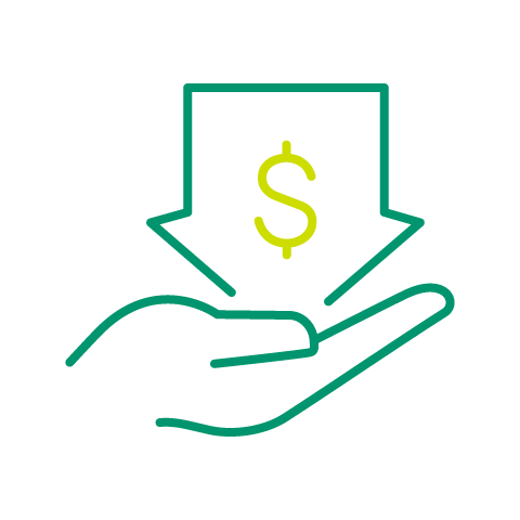 Hand holding a downward arrow with a dollar sign.