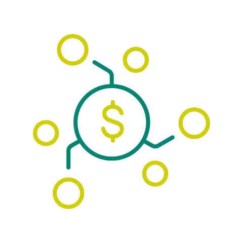 Circle with dollar sign in middle and smaller circles stemming from center circle.