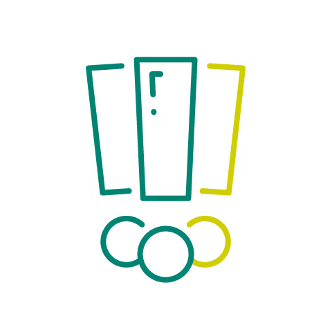 Three exclamation points in three colors.