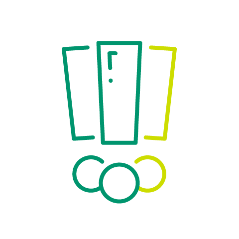 Three exclamation points in three colors.