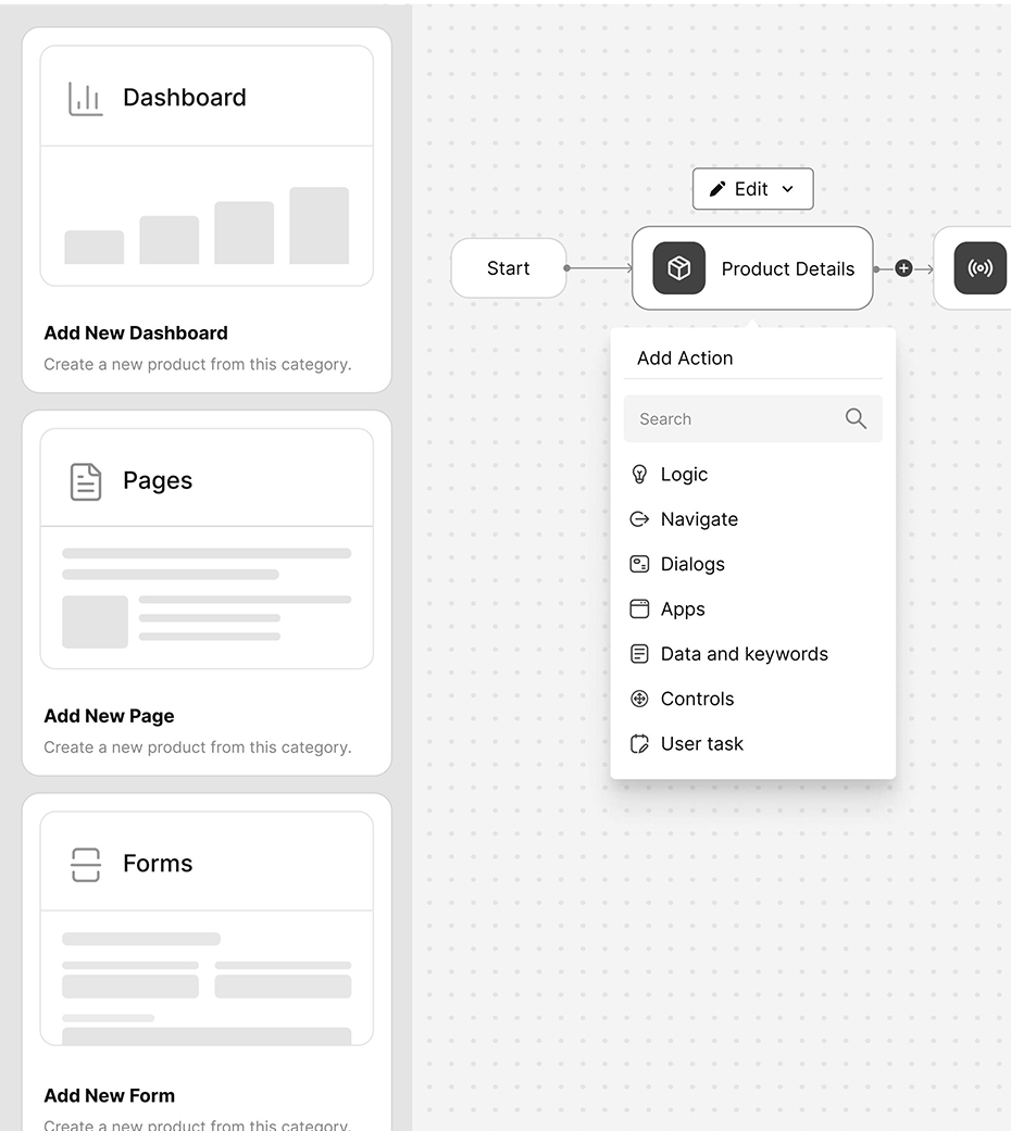 User interface showing options to add a new dashboard, page, or form on the left and a workflow diagram with a ‘Product Details’ step and an edit menu on the right.