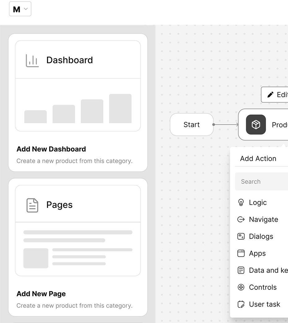 User interface showing sections for adding a new dashboard and a new page, with a flowchart and action menu on the right side.