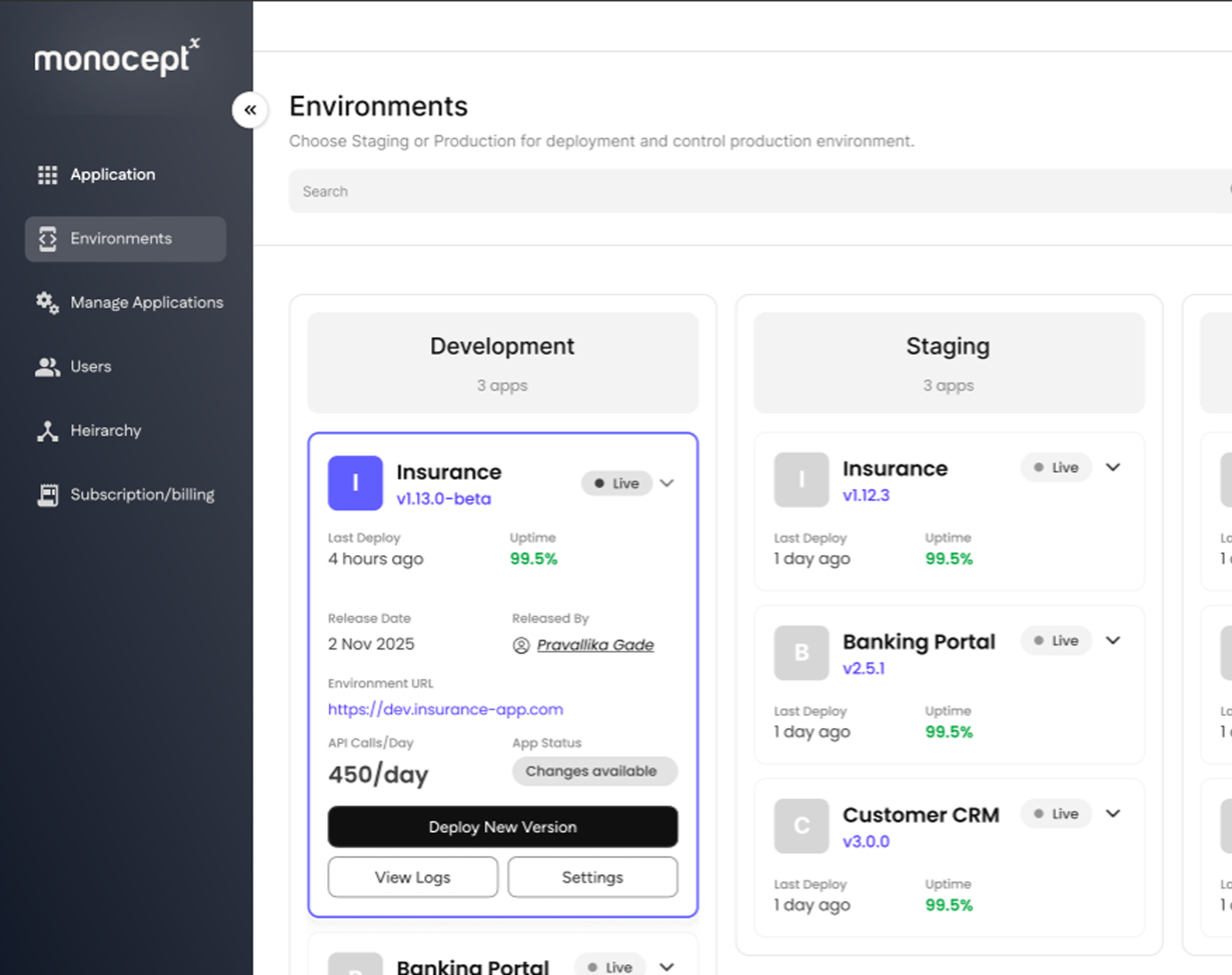Web interface showing Deployment Environments for Development and Staging with app details such as version, uptime, deploy times, and control buttons for Insurance, Banking Portal, and Customer CRM apps.