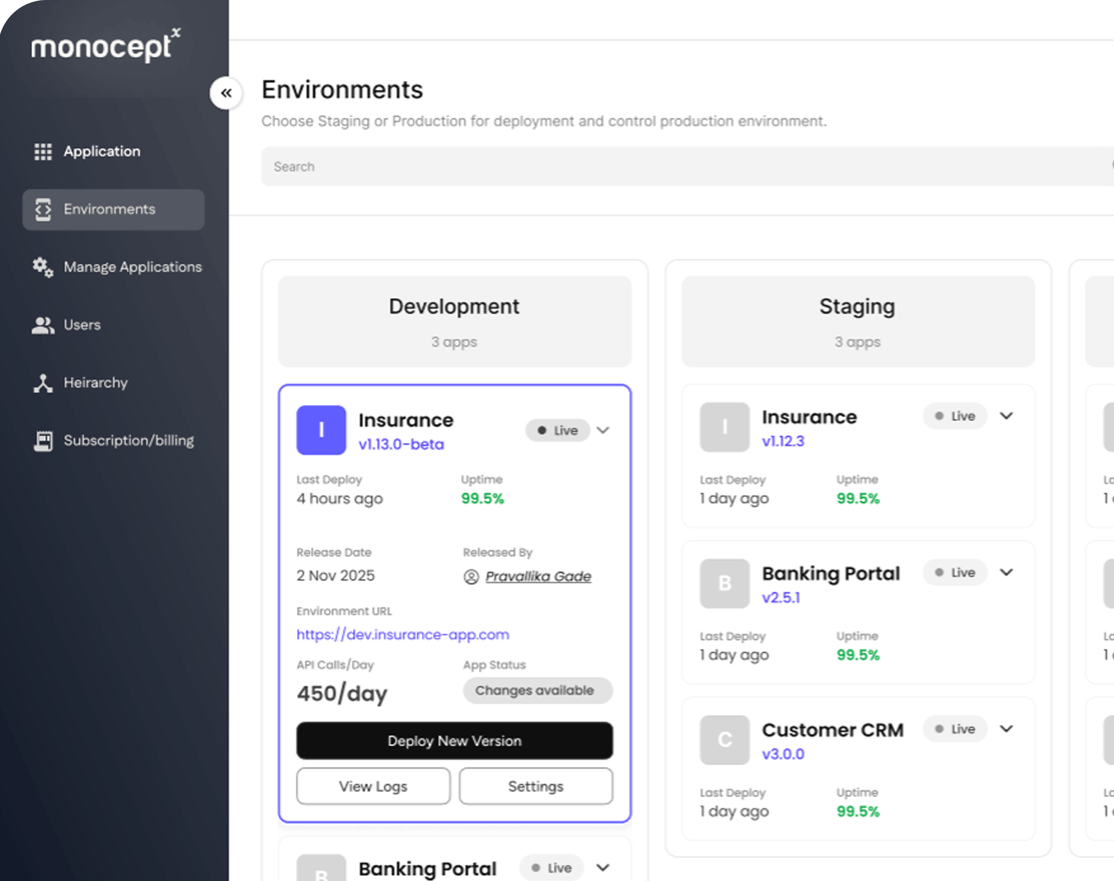 Web dashboard showing application environments with sections for Development and Staging, listing apps like Insurance, Banking Portal, and Customer CRM with deployment, uptime, API calls, and action buttons.