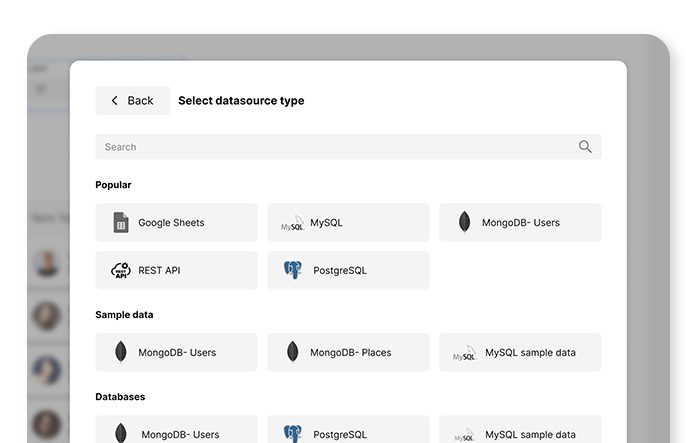 User interface for selecting a datasource type including options like Google Sheets, MySQL, MongoDB-Users, REST API, and PostgreSQL, organized by Popular, Sample data, and Databases categories.