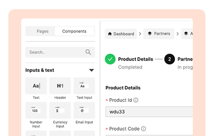 User interface design showing a component selection menu with text inputs and a product details form with fields for Product Id and Product Code.