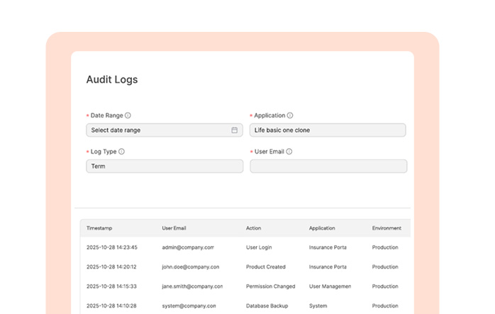 Audit logs interface showing filter options for date range, application, log type, and user email, with a table listing timestamps, user emails, actions, applications, and environments of logged events.